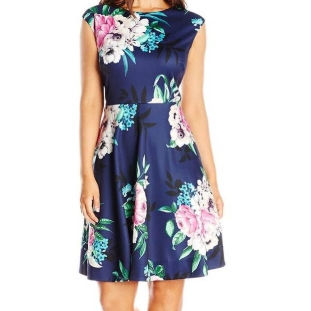 Eliza J | Navy Floral Sleeveless Fit & Flare Dress with Jewel Neckline | 4